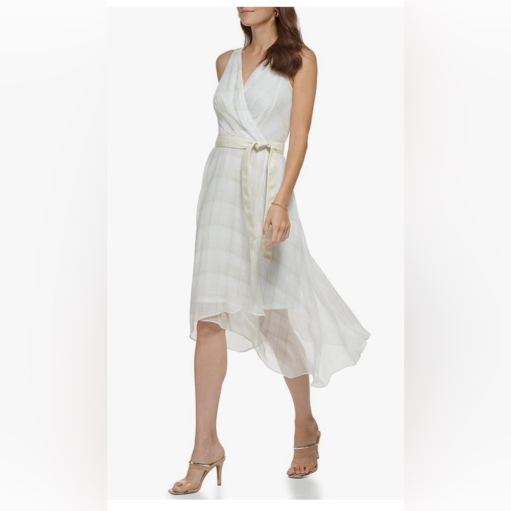 NWT! DKNY white & cream colored Plaid Faux-Wrap Midi Dress - SIZE 4